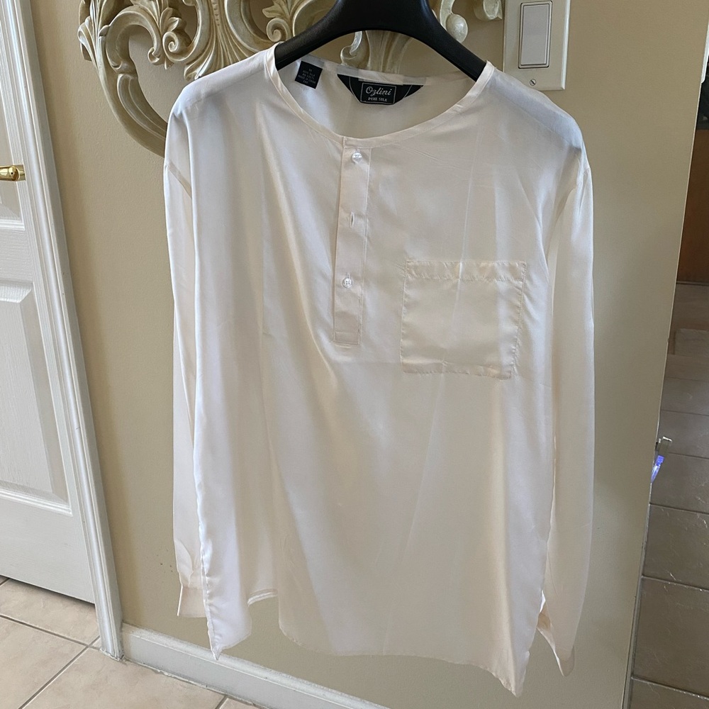 Men's cream Long-Sleeve Henley Silk Shirt kurta jubba new